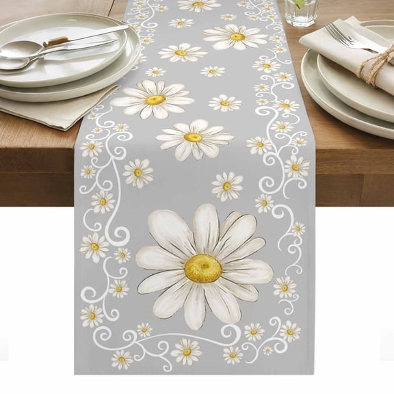 Grey Daisy Flower Cotton Linen Table Runner Farmhouse Floral Summer Country Dining Table Runners for Home Decor Party Dining Room Restaurant Kitchen Party 13" x 48"