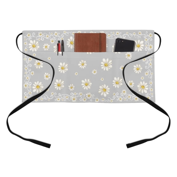 Grey Daisy Flower Half Waist Apron Farmhouse Floral Summer Country Short Waiter Aprons with 3 Pockets for Women Men Kitchen Restaurant Cooking