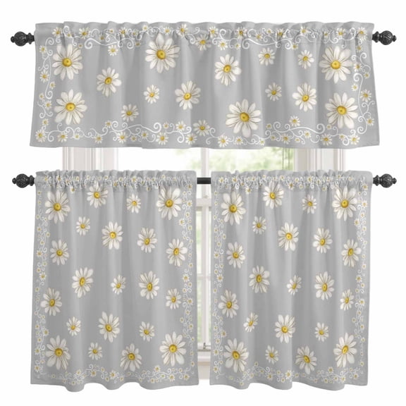Grey Daisy Flower Kitchen Curtains Valances 3 Piece Set, Farmhouse Floral Summer Country Rod Pocket Tier Curtain and Valance Drapes for Small Window 24 Inch Length for Bedroom Cafe