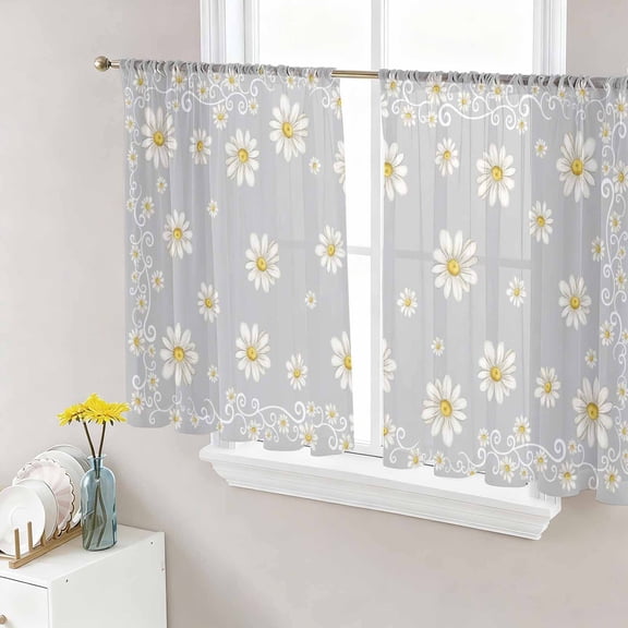 Grey Daisy Flower Sheer Curtains for Living Room Bedroom, Farmhouse Floral Summer Country Light Filtering Sheer Curtain Rod Pocket Voile Window Treaments Drapes, 52 x 54 Inches