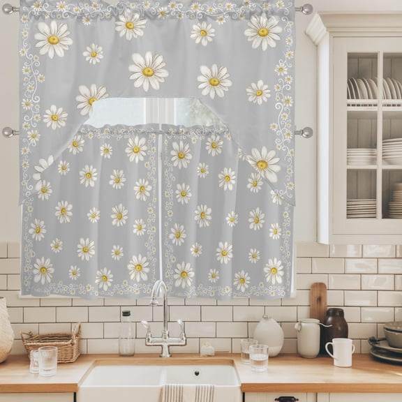Grey Daisy Flower Swag Curtains Valance and Tier Set, Farmhouse Floral Summer Country Swag Curtains Drapes Rod Pocket for Kitchen Bathroom Small Window, 3 Pieces 56x36in+27.5x24*2