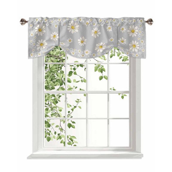 Grey Daisy Flower Tie Up Valances Curtain, Farmhouse Floral Summer Country Adjustable Rod Pocket Window Treatment Short Tie Up Curtains Valances for Kitchen Living Room Bathroom 42x12 Inches