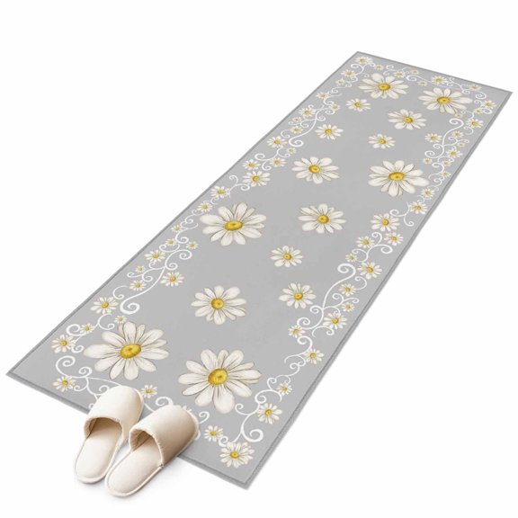 Grey Daisy Flower Washable Runner Rugs 2'x6', Farmhouse Floral Summer Country Low Pile Throw Entryway Rug Non-Slip Sturdy Edge Binding Carpet for Indoor Bedside Entrance Bedside