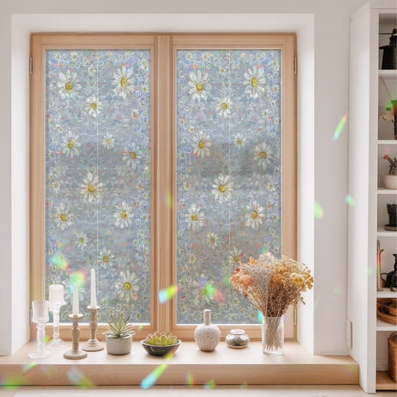 Grey Daisy Flower Window Privacy Film Farmhouse Floral Summer Country Static Cling Stained Glass Window Film Non-Adhesive Decorative Decals Rainbow Sticker 23.6"X59"