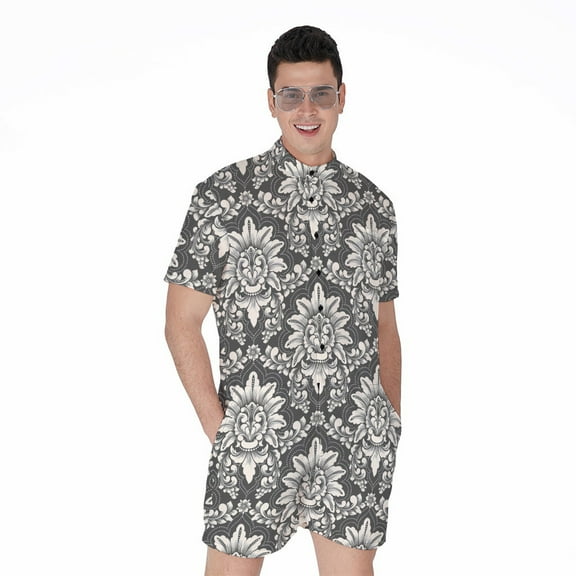 Grey Damask Pattern Short Sleeve Men'S Rompers Casual Summer Jumpsuits Outfit