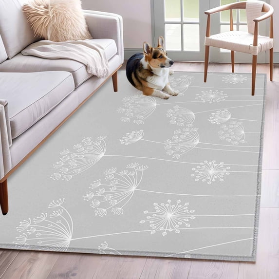 Grey Dandelion Area Rug 4x6 Washable Rug Non Slip Spring Modern Minimalist Country Flower Large Area Rug Indoor Floor Carpet for Entryway Bedroom Kitchen Living Room Home Office Dining Room Nursery