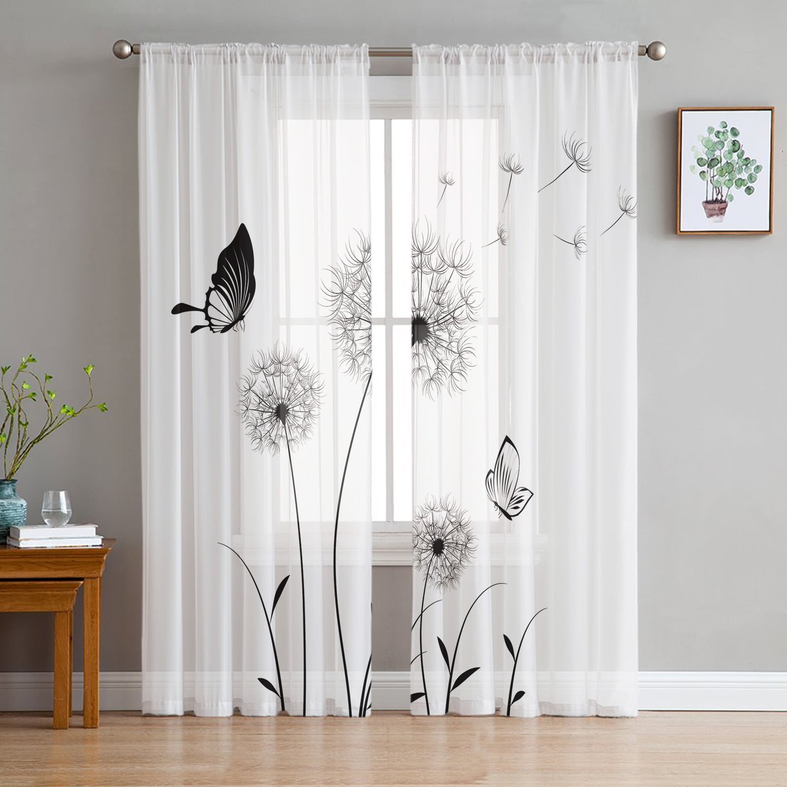 Grey Dandelion Flowers Plants Sheer Curtain for Living Room Bedroom