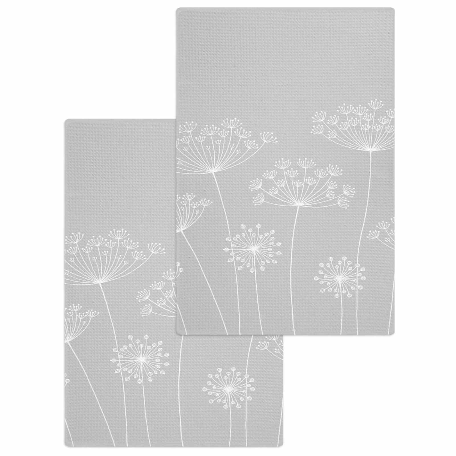 Grey Dandelion Kitchen Dish Towels for Drying Dishes Set of 2, Spring Modern Minimalist Country Flower Waffle Weave Microfiber Hand Tea Bathroom Towels Quick Dry & Absorbent Towel 15.7x23.6