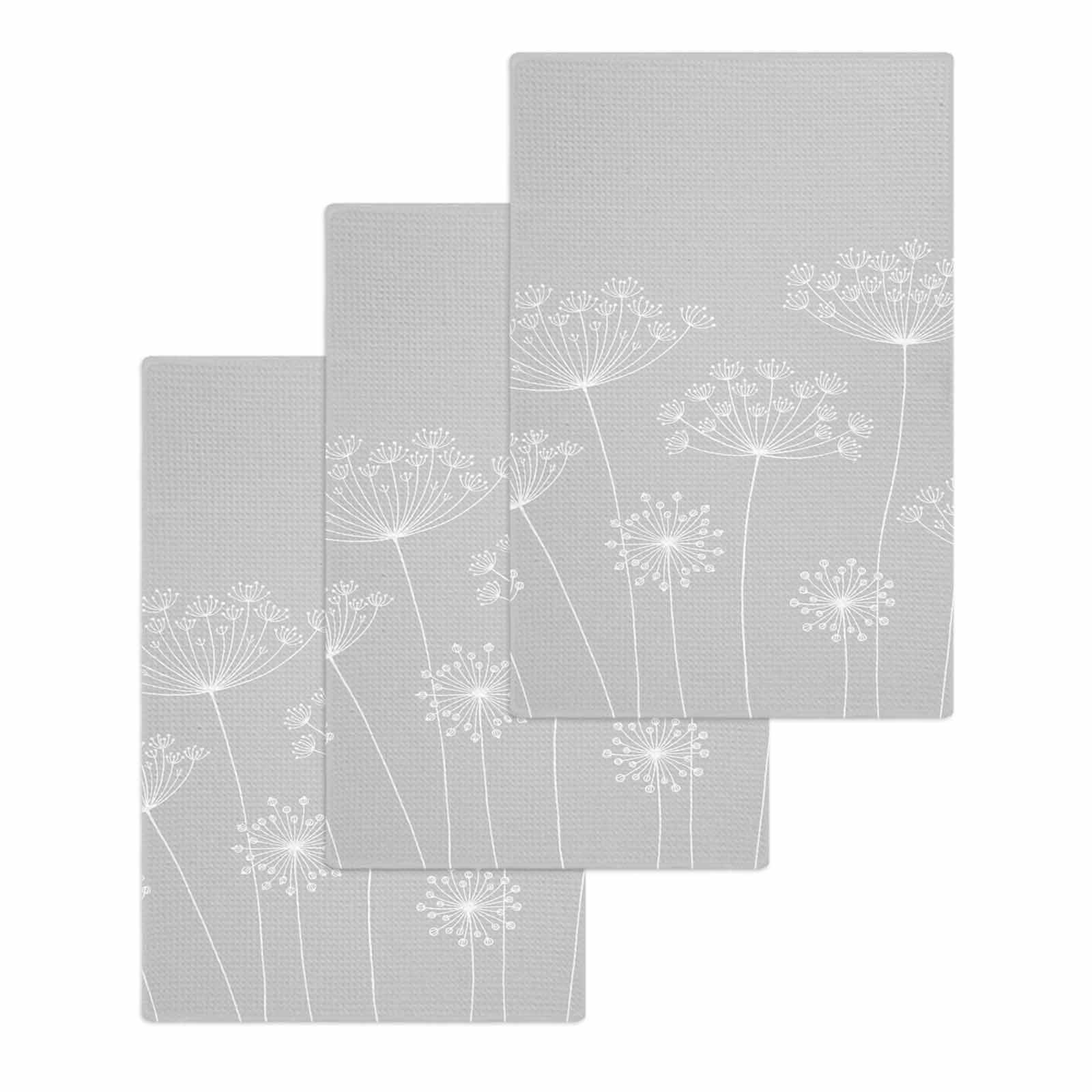 Grey Dandelion Kitchen Dish Towels for Drying Dishes Set of 3, Spring Modern Minimalist Country Flower Waffle Weave Microfiber Hand Tea Bathroom Towels Quick Dry & Absorbent Towel 15.7x23.6