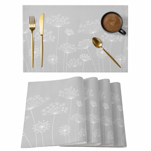 Grey Dandelion Placemats Set of 8 Spring Modern Minimalist Country Flower Place Mats Indoor Wipeable Table Mats Washable Cloth Dining Table Placemats for Kitchen Holiday Party Home Decor 13x19 Inch
