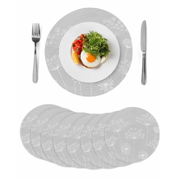 Grey Dandelion Round 13 Inch Placemats Set of 8, Spring Modern Minimalist Country Flower HeatResistant Non Slip Place Mats for Dining Table, Wipeable Braided Kitchen Table Mats for Housewarming