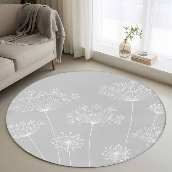 Grey Dandelion Round Rug 3ft Washable Circle Entryway Rugs Non Slip Spring Modern Minimalist Country Flower Area Rug Indoor Floor Carpet for Bedroom Kitchen Living Room Home Office Dining Room