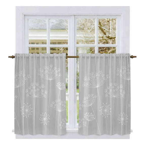 Grey Dandelion Tier Curtains 54 Inch Length, Spring Modern Minimalist Country Flower Cafe Short Curtains for Bathroom Over Sink, Small Kitchen Curtain Light Filtering Drapes 2 Panels 27.5"Wx54"L