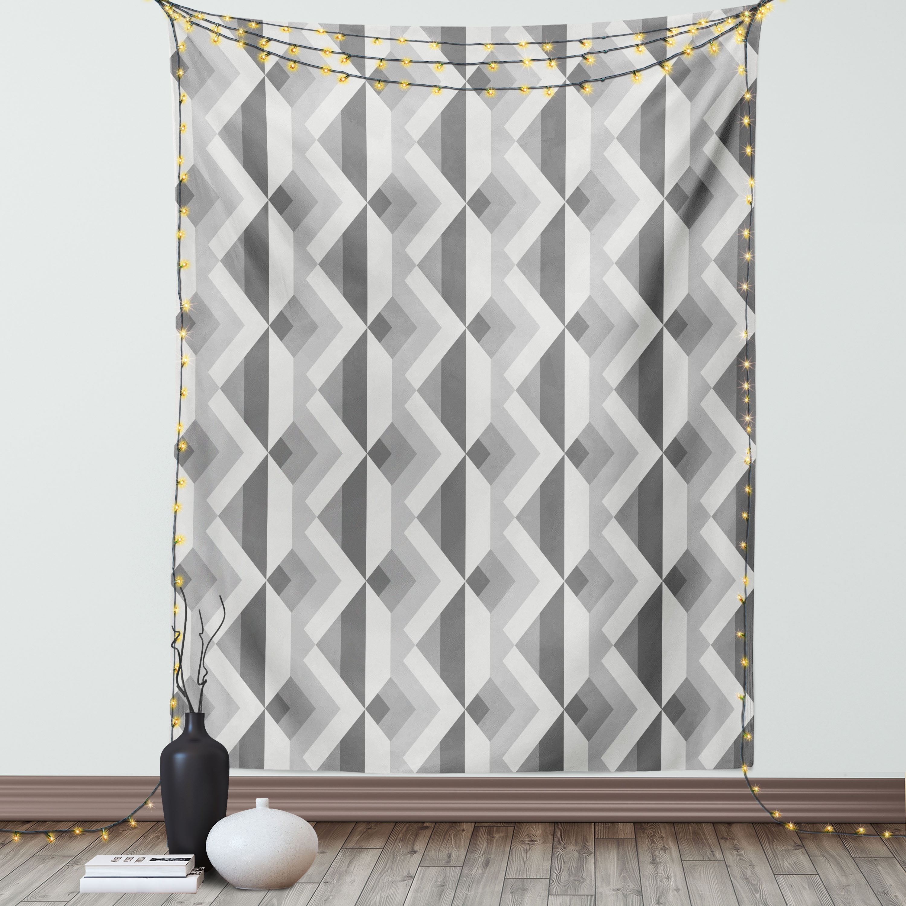 Grey Decor Tapestry Triangles with Parallel Lines in Dark and Light Retro Minimalist Pattern Artwork Wall Hanging for Bedroom Living Room Dorm
