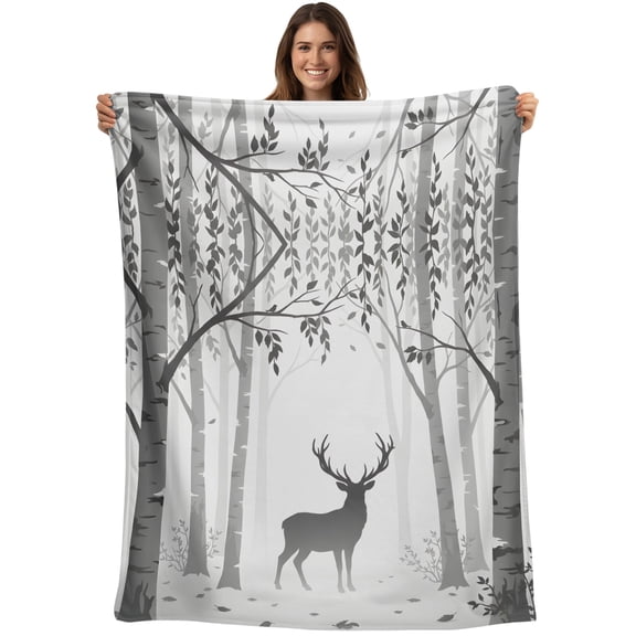 Grey Deer Blanket Soft Cozy Warm Throw Blanket for Couch, Plush Fuzzy Flannel Blankets for Sofa, Rustic Woodland Misty Forest Elk Natural Scenery Bed Blankets Lightweight Gifts for Women, 40"x50"