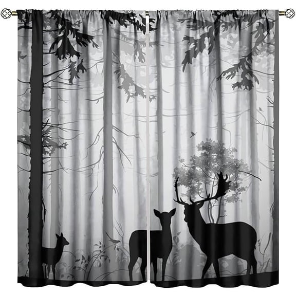 Grey Deer Curtains, Rustic Woodland Misty Foggy Forest Elk Vintage Cabin Farmhouse Deer Doe And Fawn Print Window Treatments For Bedroom Living Room 26"W x 63"L (Pack of 2)