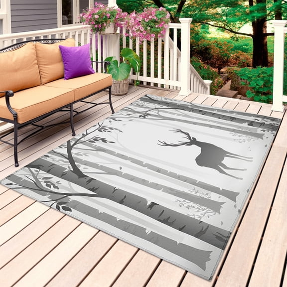 Grey Deer Outdoor Rug for Patio/Deck/Porch, Non-Slip Large Area Rug 3 x 5 Ft, Rustic Woodland Misty Forest Elk Natural Scenery Indoor Outdoor Rugs Washable Area Rugs, Camping Rug Carpet Runner