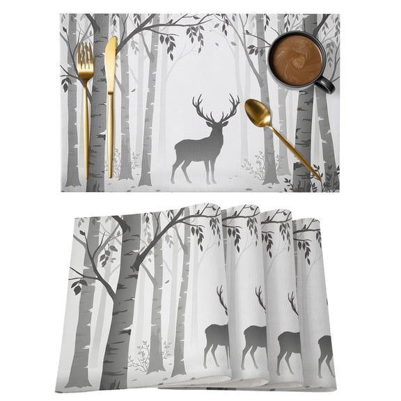 Grey Deer Placemats Set of 4 Rustic Woodland Misty Forest Elk Natural Scenery Place Mats Indoor Wipeable Table Mats Washable Dining Table Placemats for Kitchen Holiday Party Home Decor 13x19 Inch