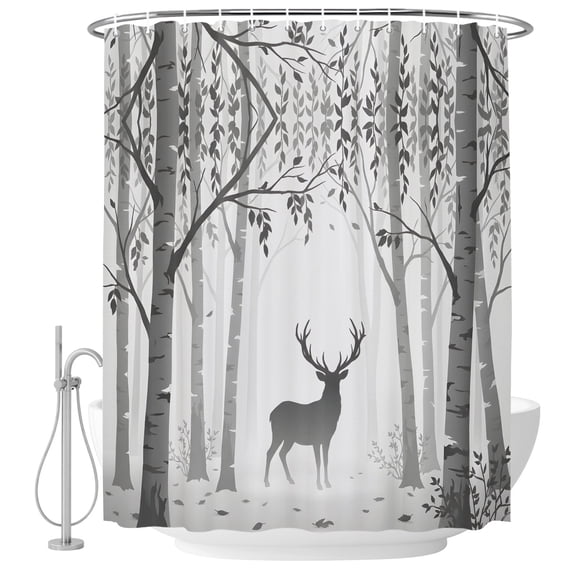 Grey Deer Shower Curtain Set - Extra Long 72" x 96" Washable Bathtub Curtain with 12 Hooks, Rustic Woodland Misty Forest Elk Natural Scenery Waterproof Fabric Stall Shower Curtains for Bathroom