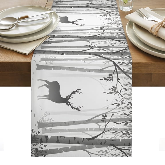Grey Deer Table Runner Rustic Woodland Misty Forest Elk Natural Scenery Tablerunners 14 x 72 Inch, Table Decorations Tabletop Scarf for Summer Gathering Holiday Farmhouse Kitchen Dining Decor