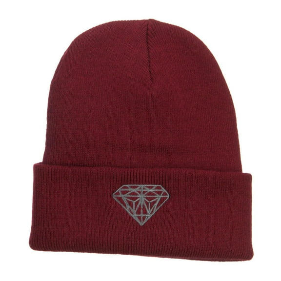 Grey Diamond Embroidered Cuffed Long Beanie - Burgundy OSFM