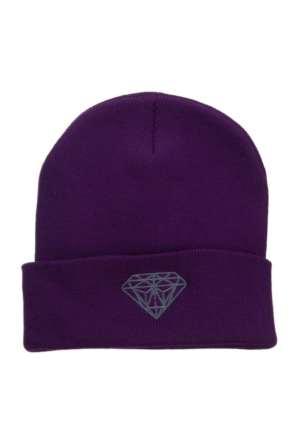 Grey Diamond Embroidered Cuffed Long Beanie - Purple OSFM