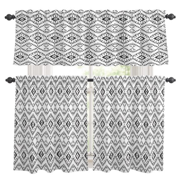 Grey Diamond Motif Kitchen Curtains Valances 3 Piece Set, Tribal Modern Geometric Lines Plaid Checkered Rod Pocket Tier Curtain and Valance Drapes for Small Window 24 Inch Length for Bedroom Cafe