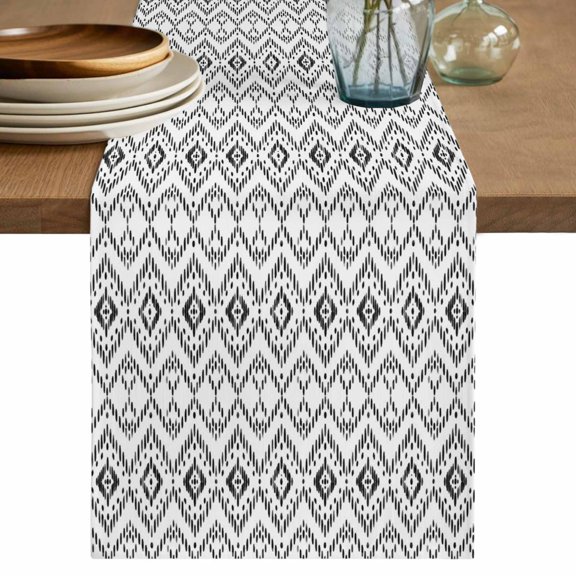 Grey Diamond Motif Table Runner, Tribal Modern Geometric Lines Plaid Checkered Cotton Linen Table Cloth, Tablerunner for Kitchen Dining Party Wedding Home Decor 13x108 Inch