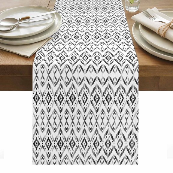 Grey Diamond Motif Table Runner, Tribal Modern Geometric Lines Plaid Checkered Washable Kitchen Table Runners Dress Scarves for Dining Table Decorations Party/Restaurant/Indoor Outdoor Use, 13x36in