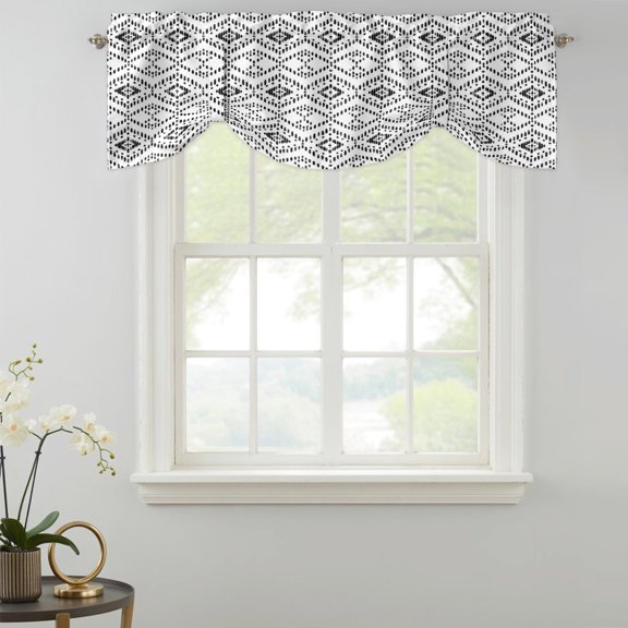 Grey Diamond Motif Tie Up Valances Curtain, Tribal Modern Geometric Lines Plaid Checkered Kitchen Valances for Windows Decor, Rod Pocket Short Curtains Set for Bedroom/Bathroom, 42"x12"