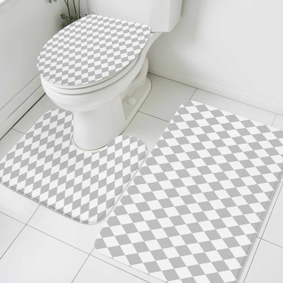 Grey Diamond Plaid Bathroom Rugs Set White Geometric Check Abstract Modern Non Slip Absorbent Soft Bath Mats 3 Piece Set with Bathroom Rug, U-Shaped Floor Mat, Toilet Seat Cover Small Size