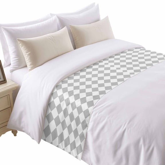 Grey Diamond Plaid Bed Runner for Twin Size Bed, White Geometric Check Abstract Modern Soft Bedding Scarf Bedding Protector Slipcover Sofa Throw for Bedroom Hotel Guesthouse