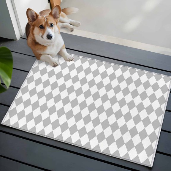 Grey Diamond Plaid Front Door Rugs 2x3 ft White Geometric Check Abstract Modern Small Rug for Entryway Non Slip Washable Bathroom Door Mat Absorbent Floor Mat for Indoor Entrance