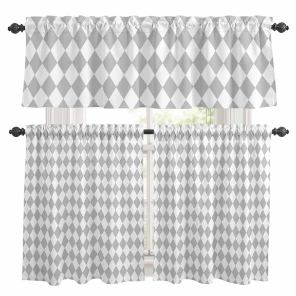 Grey Diamond Plaid Kitchen Curtains Valances and Tiers Set of 3 White Geometric Check Abstract Modern Tier Curtains and Valance with Rod Pocket for Small Windows, 27.5"x24"
