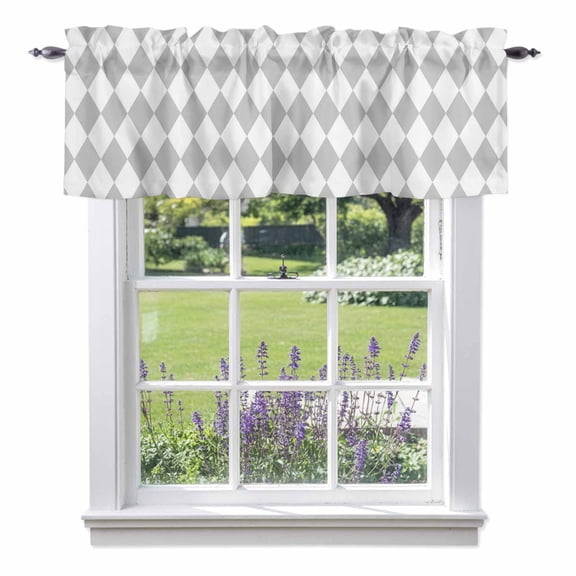 Grey Diamond Plaid Light Filtering Valance Curtains, White Geometric Check Abstract Modern Rod Pocket Short Window Valance for Kitchen and Bathroom Windows 1 Panel 42"x12"