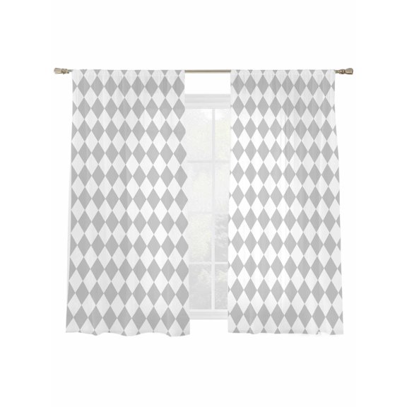 Grey Diamond Plaid Sheer Curtains 2 Panels Set White Geometric Check Abstract Modern Sheer Window Curtains Light Filtering Rod Pocket Voile Drapes for Bedroom Living Room 52"x63"