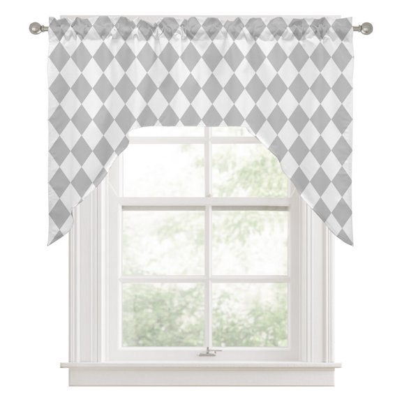 Grey Diamond Plaid Swag Valance for Windows, White Geometric Check Abstract Modern Swag Curtains Valances for Small Window Treatment Rod Pocket for Kitchen Bathroom 1 Panel 56x36in