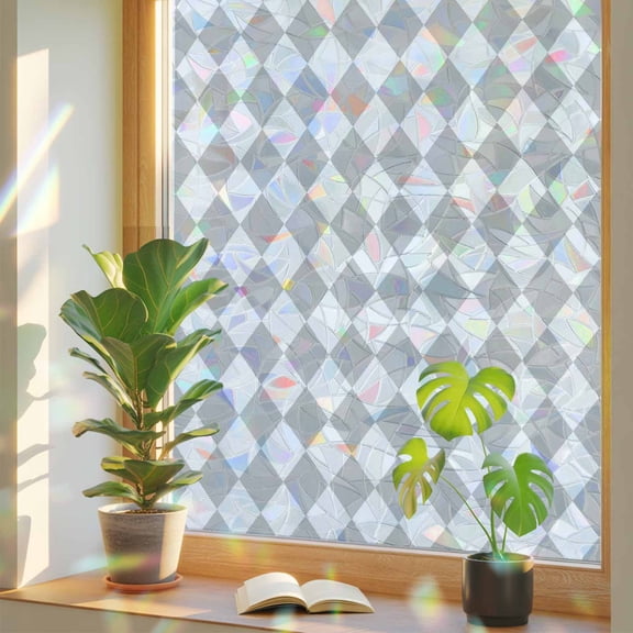 Grey Diamond Plaid Window Privacy Film, White Geometric Check Abstract Modern Stained Glass Rainbow Film Decorative Window Clings, Static Cling Sun Blocking Stickers 19.6" x 39.3"