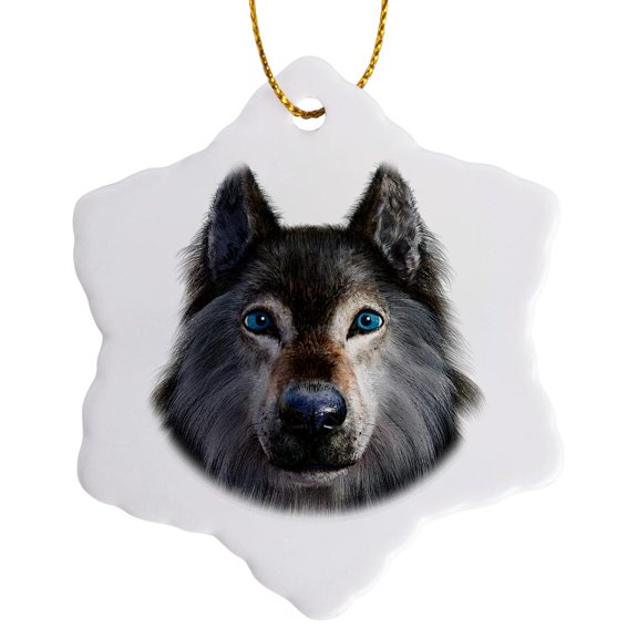 3drose, Grey Dire Wolf Portrait Looking Forward, 3 inch Snowflake Porcelain Ornament