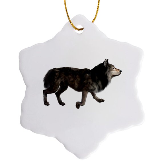 3drose, Grey Dire Wolf Walking Left, 3 inch Snowflake Porcelain Ornament