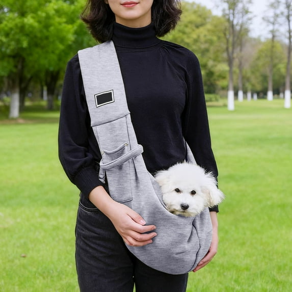 Grey Dog Carrier Sling, Adjustable Reversible Puppy Bag with Pocket, Hands-Free Polyester Tote 1 Piece, Breathable Outdoor Pouch for Walking Pets 29.5 Inch