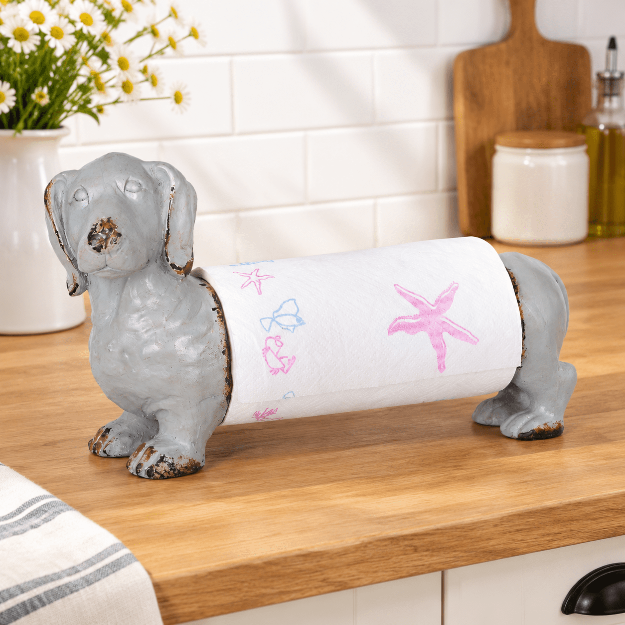 Decoration Paper Layout Grey Dog Paper Towel Holder, Vintage Dachshund Design for Kitchen and ...