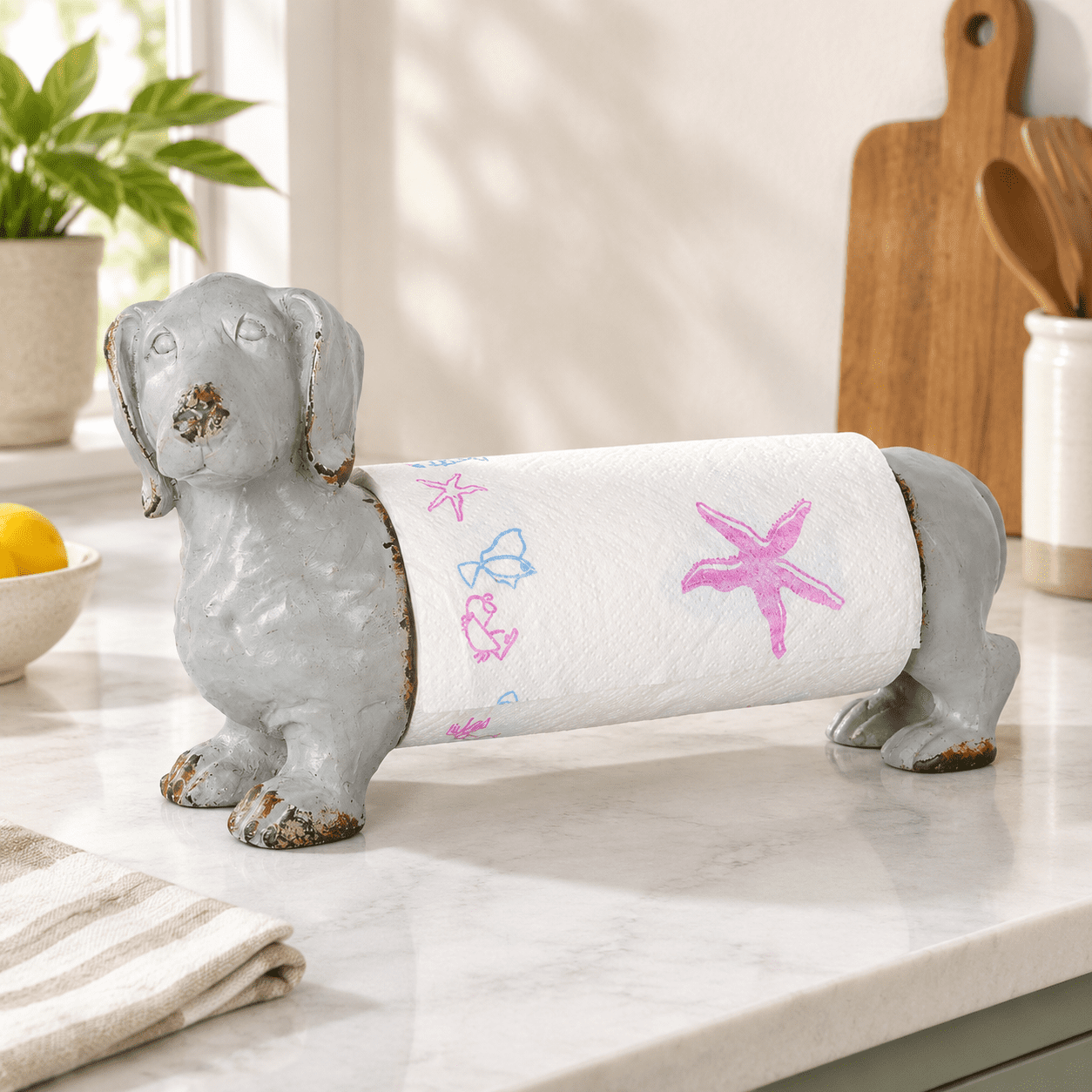 Decoration Paper Layout Grey Dog Paper Towel Holder, Vintage Dachshund Design for Kitchen and ...