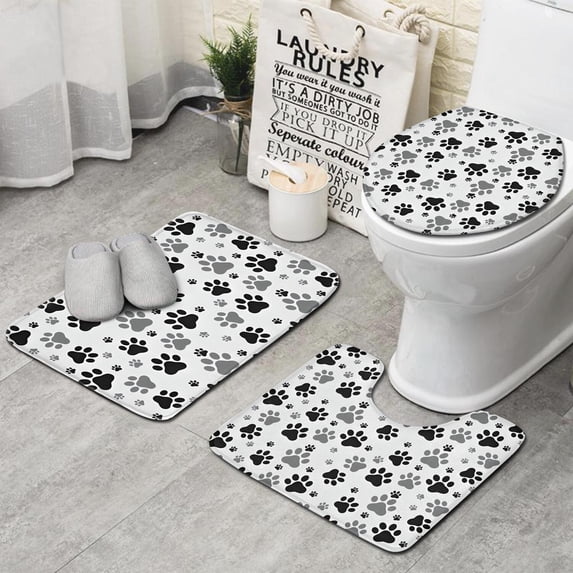 Grey Dog Paw Footprint Bathroom Rugs Sets 3 Piece,Toilet Cover Set,Absorbent Non Slip Bathroom Mats Sets with U-Shaped Contour Rug Toilet Rug Set