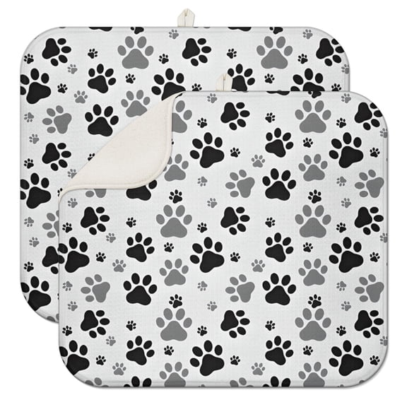 Grey Dog Paw Footprint Dish Drying Mat for Kitchen 1 Pack, Ultra Absorbent Microfiber Dishes Drainer Mats,16"x18"