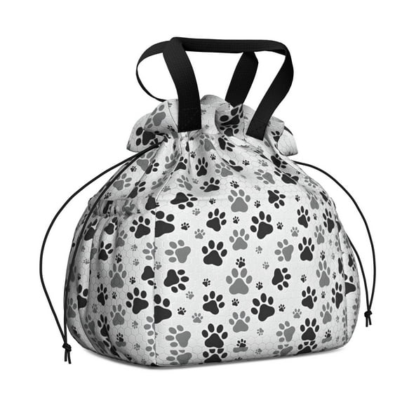 Grey Dog Paw Footprint Drawstring Lunch Bag Women - Drawstring Lunch Bag Insulated for Work Office - Stain-Resistant Large Lunchbags for Women with Multi-Pockets