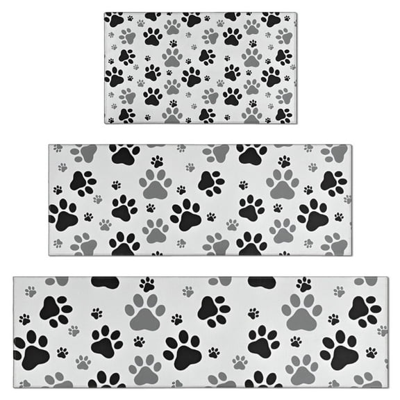 Grey Dog Paw Footprint Kitchen Rugs Sets Of 3,Kitchen Runner Rugs Non Skid Washable,Decorative Kitchen Floor Mats for Kitchen,Sink,Laundry,17"x30"+ 17"x47" + 17"x59"