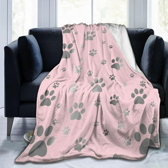 Grey Dog Paws Pink Throw Blanket Soft Warm Flannel Blanket for Bed Chair Car Sofa Couch Bedroom 40"X30"