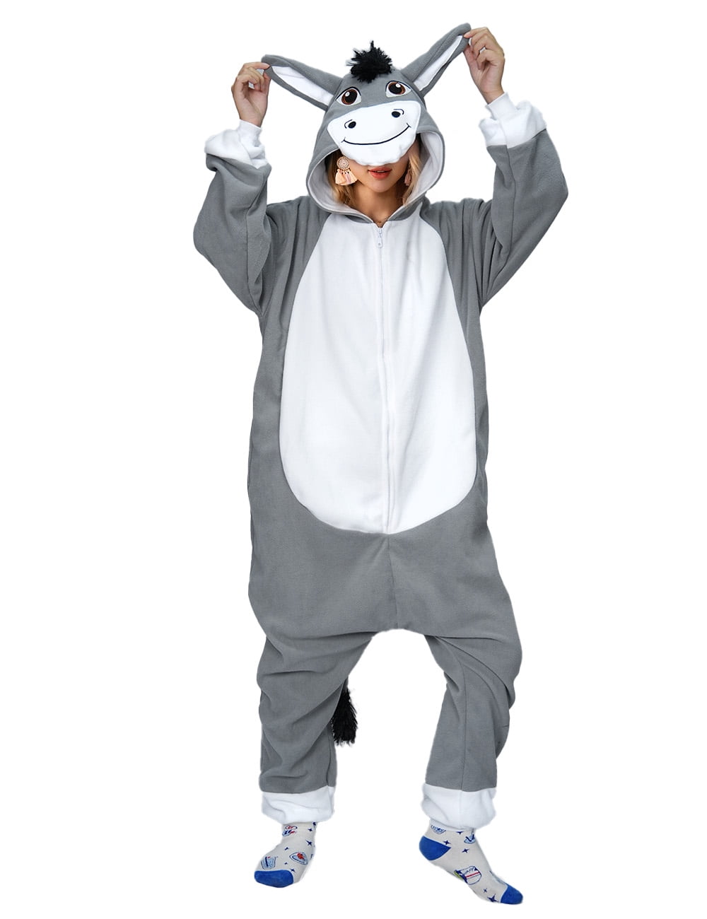 Grey Donkey Costume Adult Animal Onesies for Women Halloween Cosplay One-Piece Pajamas Suit for Women and Men Jumpsuit