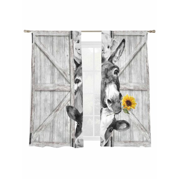 Grey Donkey Pig Cow Sheer Curtains 2 Panels Set Retro Farmhouse Animal Yellow Sunflower Wooden Sheer Window Curtains Light Filtering Rod Pocket Voile Drapes for Bedroom Living Room 52"x63"